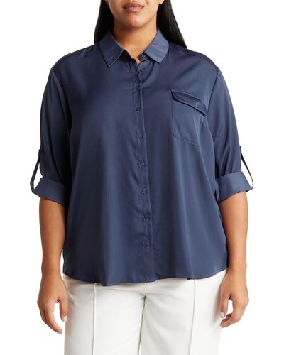 Pleione Satin Long Sleeve Button-up Utility Shirt - Blue