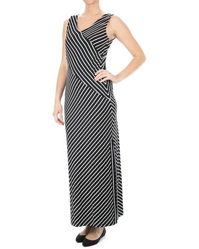 Nina Leonard V-neck Stripe Maxi Dress - Black