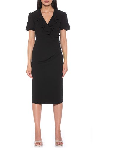 Alexia Admor Ruffle Collar Puff Sleeve Polka Dot Midi Dress - Black