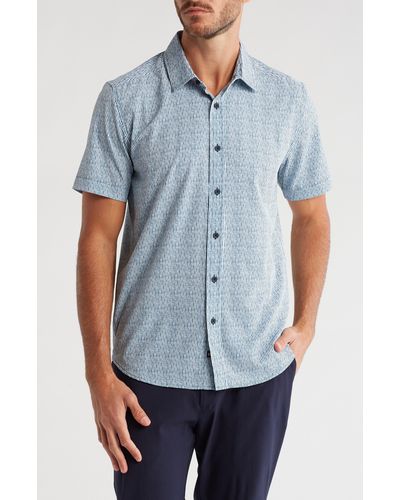 Kenneth Cole Stripe Short Sleeve Button-up Sport Shirt - Blue