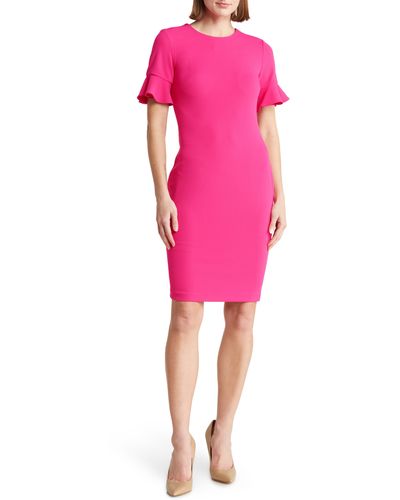 Calvin Klein Ruffle Short Sleeve Sheath Dress - Pink