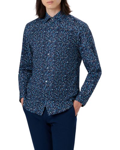 Bugatchi Shaped Fit Print Stretch Cotton Button-up Shirt - Blue