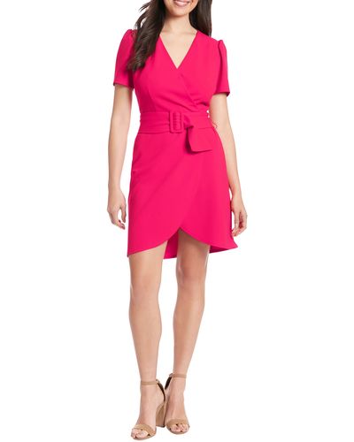 London Times Puff Sleeve Belted Wrap Dress - Pink