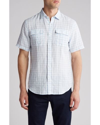 Bugatchi Gingham Shaped Fit Linen Short Sleeve Shirt - White