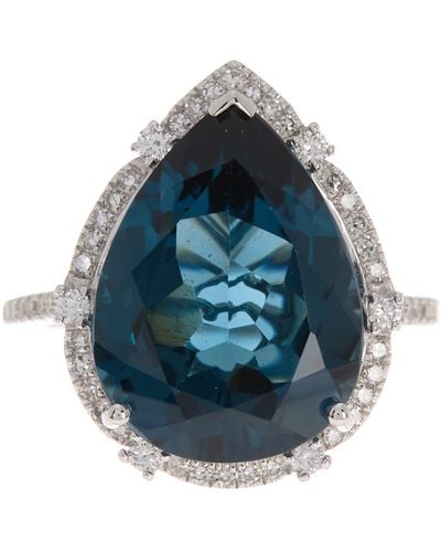 Effy 14k White Gold Pear London Blue Topaz & Pavé Diamond Ring