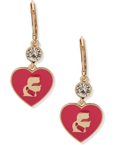 Karl Lagerfeld Enamel Heart Crystal Drop Earrings - Red