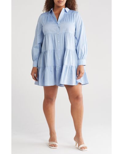 Eliza J Long Sleeve Tiered Shirtdress - Blue