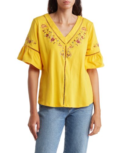 LIV Floral Embroidered Flutter Sleeve Blouse - Yellow