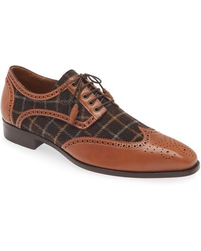 Mezlan Plaid & Brogue Leather Saddle Shoe - Brown
