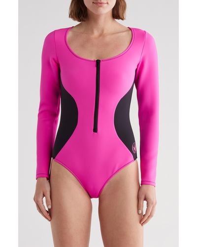 GOOD AMERICAN You Got It Long Sleeve One-piece Rashguard Swimsuit - Pink