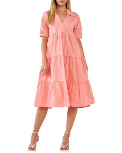 English Factory Tiered Puff Sleeve Dress - Pink