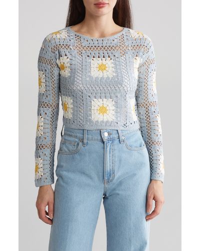 Truth Patchwork Crochet Long Sleeve Pullover - Blue