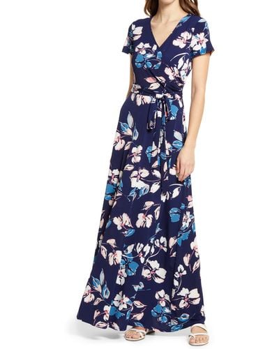 Eliza J Floral V-neck Stretch Knit Maxi Dress - Blue