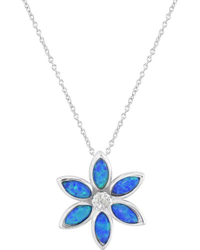 CANDELA JEWELRY Sterling Silver Blue Created Opal Flower Pendant Necklace