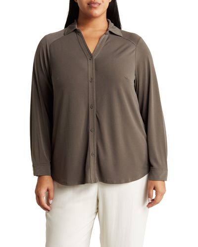 Adrianna Papell Long Sleeve Button-up Top - Brown