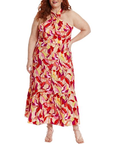 London Times Abstract Floral Stretch Cotton Maxi Dress - Red