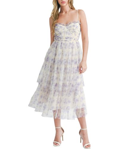 Lush Floral Tiered Tulle Midi Dress - White
