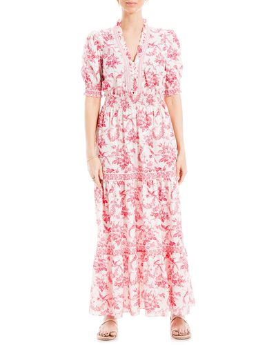 Max Studio V-neck Short Puff Sleeve Floral Print Tiered Dress - Pink