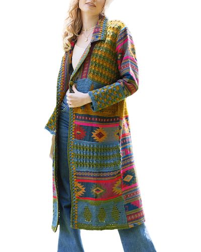 Saachi Geometric Crochet Longline Cardigan - Green