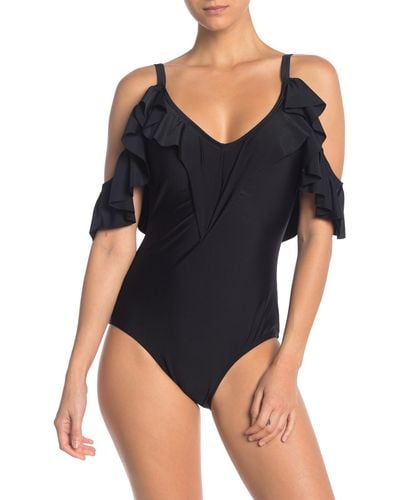 Nicole Miller Ruffled Cold Shoulder One-piece Swimsuit - Black