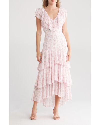 Wayf Floral Tiered Ruffle Dress - Pink
