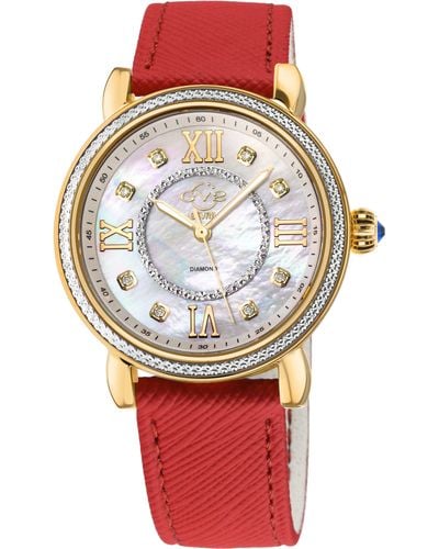 Gv2 Marsala Mother Of Pearl Dial Diamond Faux Leather Strap Watch - Red