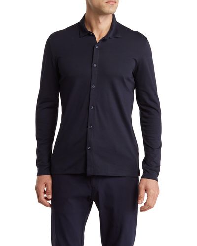 VELLAPAIS Lucena Solid Cotton Knit Button-up Shirt - Blue