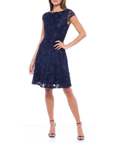 Marina Embroidered Cap Sleeve Fit & Flare Dress - Blue