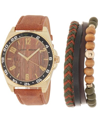 Lucky Brand Alistair Leather Strap Watch & Stack Bracelet Set - Multicolor