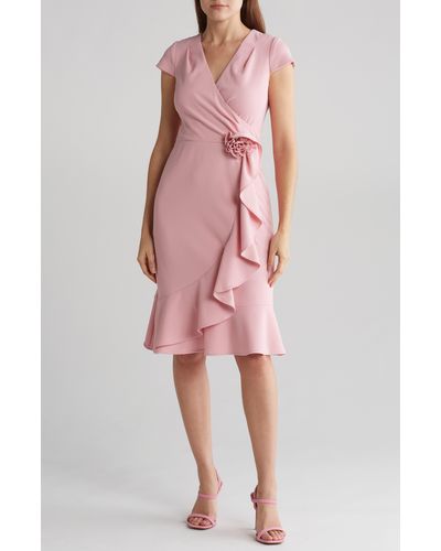 London Times Rosette Ruffle Cap Sleeve A-line Dress - Pink