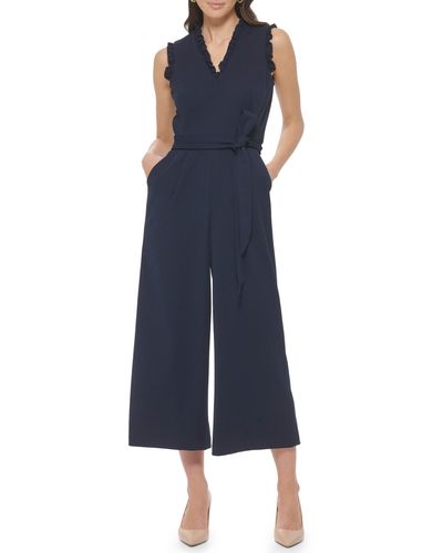 Calvin Klein Ruffle V-neck Sleeveless Crop Jumpsuit - Blue