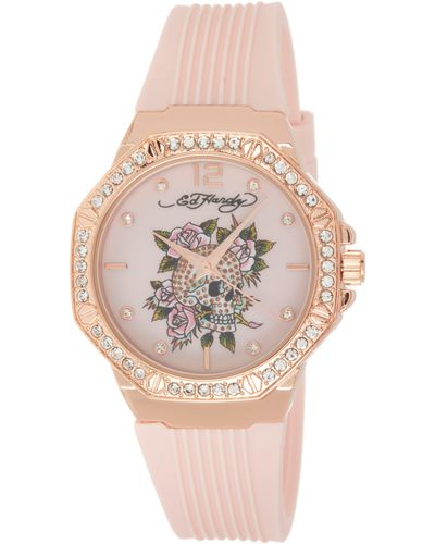 Ed Hardy Crystal Skull Dial Silicone Strap Watch - Pink