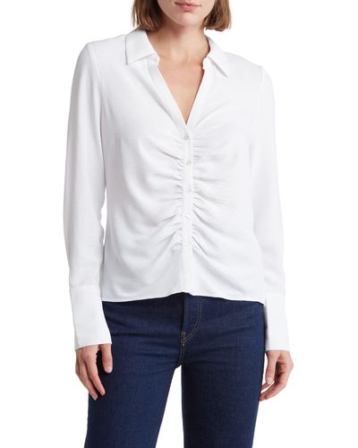 Laundry by Shelli Segal Ruched Long Sleeve Button Front Top - White