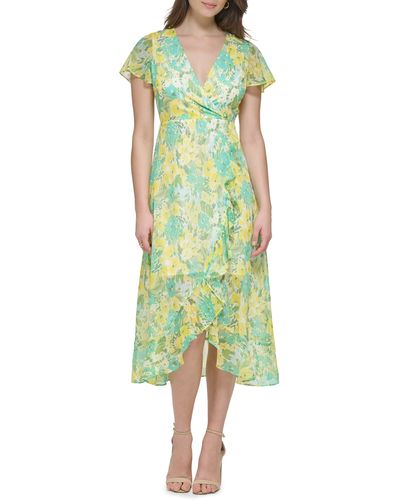 Kensie Floral Chiffon Faux Wrap Midi Dress - Green