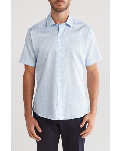 David Donahue Print Cotton Short Sleeve Button-up Shirt - White