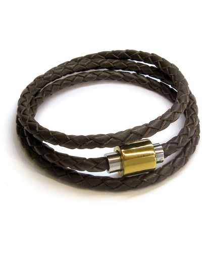 Liza Schwartz Braided Leather Stainless Steel Magnetic Clasp Triple Wrap Bracelet - Black