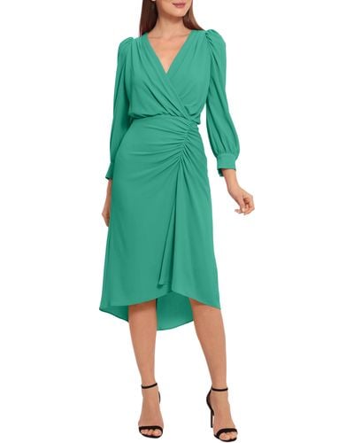 Maggy London Ruched Long Sleeve High-low Midi Dress - Green