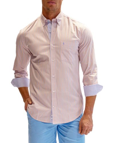 Tailorbyrd Heritage Stripe Print Long Sleeve Cotton Button-down Shirt - Orange