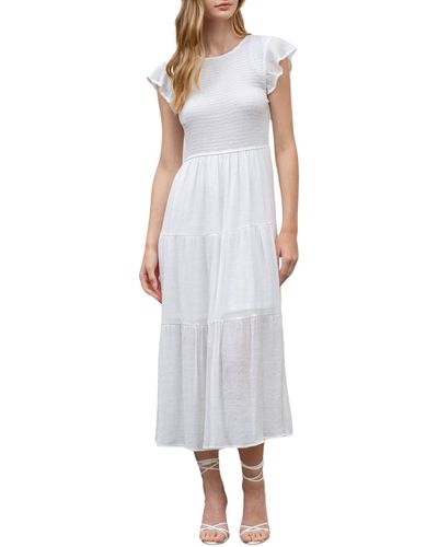 Blu Pepper Flutter Sleeve Smocked Tiered Midi Dress - White