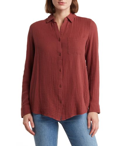 Beach Lunch Lounge Alessia Long Sleeve Cotton Button-up Shirt - Red
