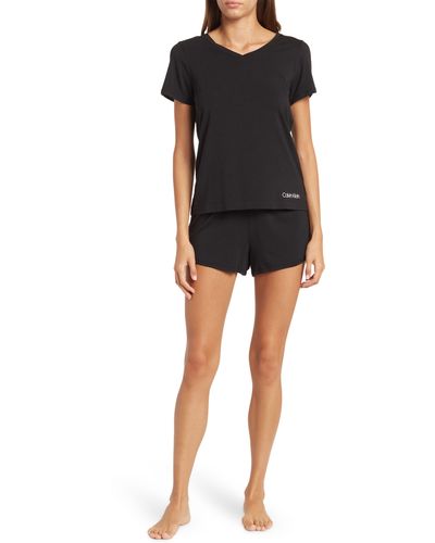 Calvin Klein V-neck T-shirt & Shorts 2-piece Pajama Set - Black