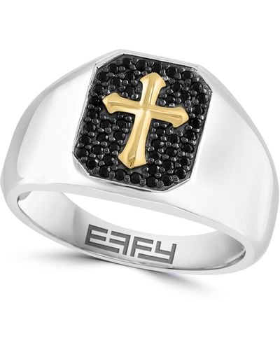 Effy Sterling Silver & 14k Gold Black Spinel Cross Signet Ring