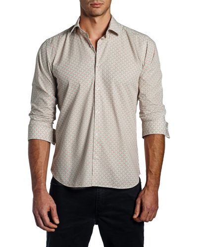 Jared Lang Trim Fit Geometric Pattern Long Sleeve Button-up Cotton Shirt - Gray