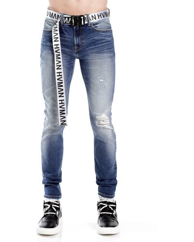 HVMAN Belted Stretch Skinny Jeans - Blue