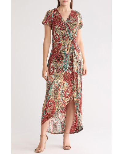 Connected Apparel Paisley High-low Faux Wrap Dress - White