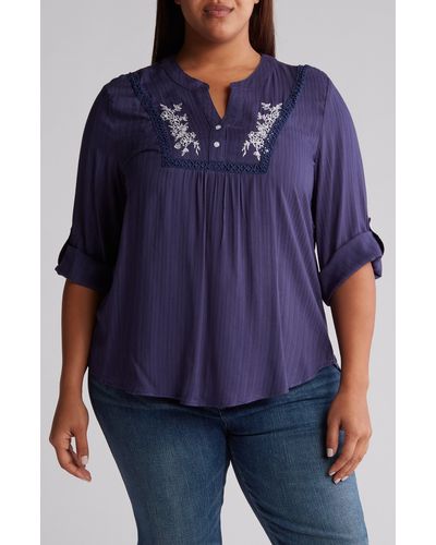 Forgotten Grace Embroidered Trim Blouse - Blue