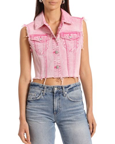 Avec Les Filles Acid Wash Crop Denim Vest - Blue