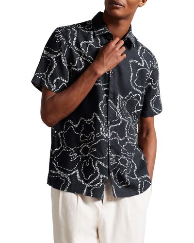 Ted Baker Arnica Revere Magnolia Print Linen Button-up Shirt - Black