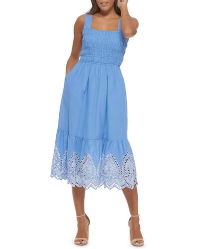 Kensie Smocked Cotton Voile Midi Dress - Blue