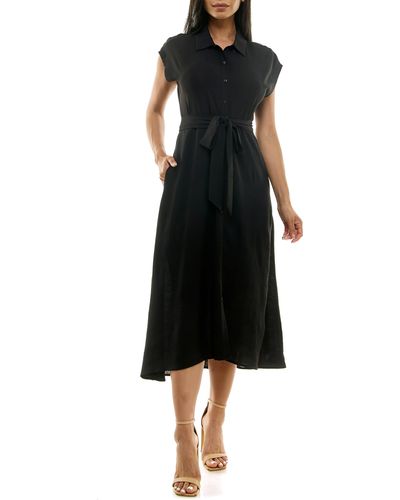 Nina Leonard Tie Waist Midi Shirtdress - Black